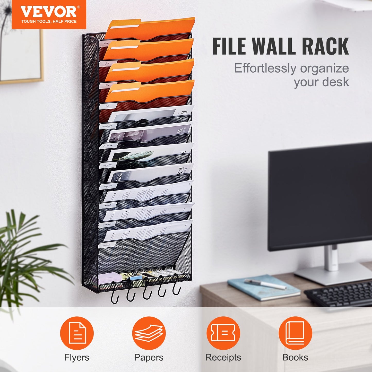 File Wall Rack, One-Piece 12 Pockets Mesh Wall File Holder, Wall Mounted Magazine Mail Paper & Document Storage Folder, Metal Wall File Organizer with Nametag Label, for Office Home & School
