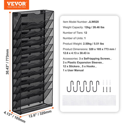 File Wall Rack, One-Piece 12 Pockets Mesh Wall File Holder, Wall Mounted Magazine Mail Paper & Document Storage Folder, Metal Wall File Organizer with Nametag Label, for Office Home & School