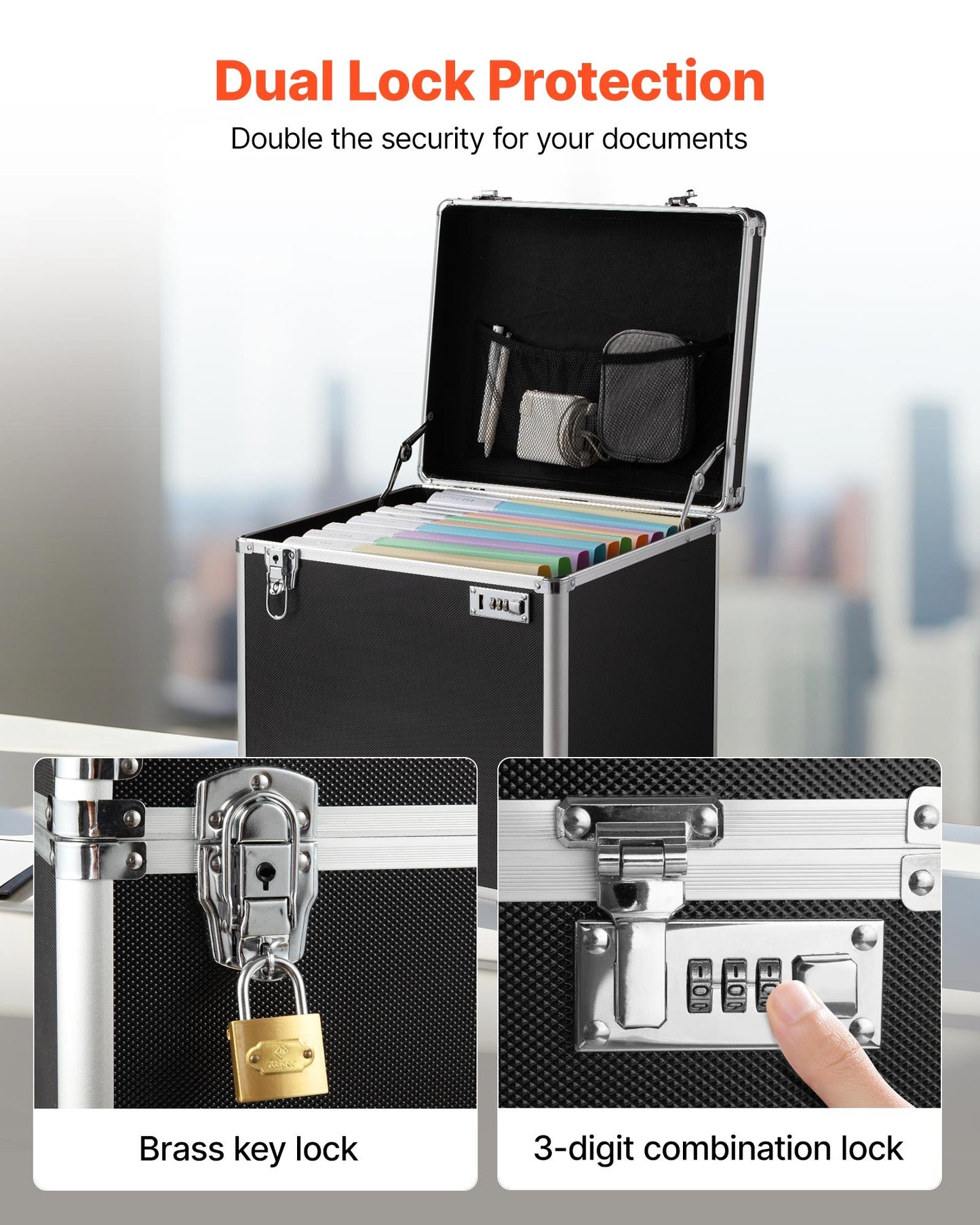 Portable File Storage Box, 15.6 x 12.6 x 15 inch Internal Chest Size, Locking Mobile Business Case with Telescopic Handle, Hand pull File Case for Office Home, Offices, Hospitals, Banks