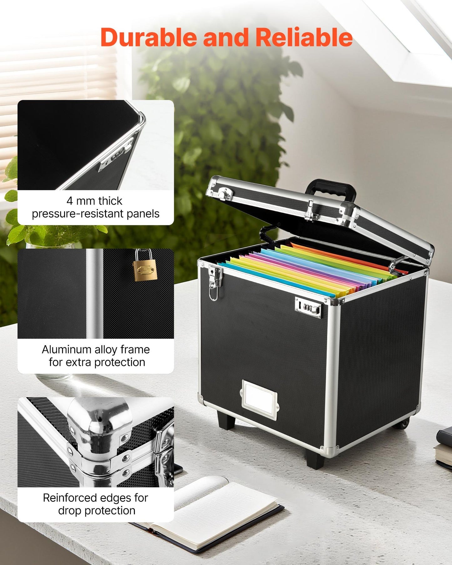 Portable File Storage Box, 15.6 x 12.6 x 15 inch Internal Chest Size, Locking Mobile Business Case with Telescopic Handle, Hand pull File Case for Office Home, Offices, Hospitals, Banks