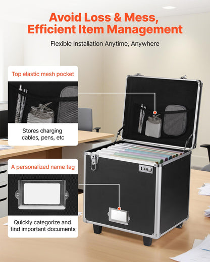 Portable File Storage Box, 15.6 x 12.6 x 15 inch Internal Chest Size, Locking Mobile Business Case with Telescopic Handle, Hand pull File Case for Office Home, Offices, Hospitals, Banks