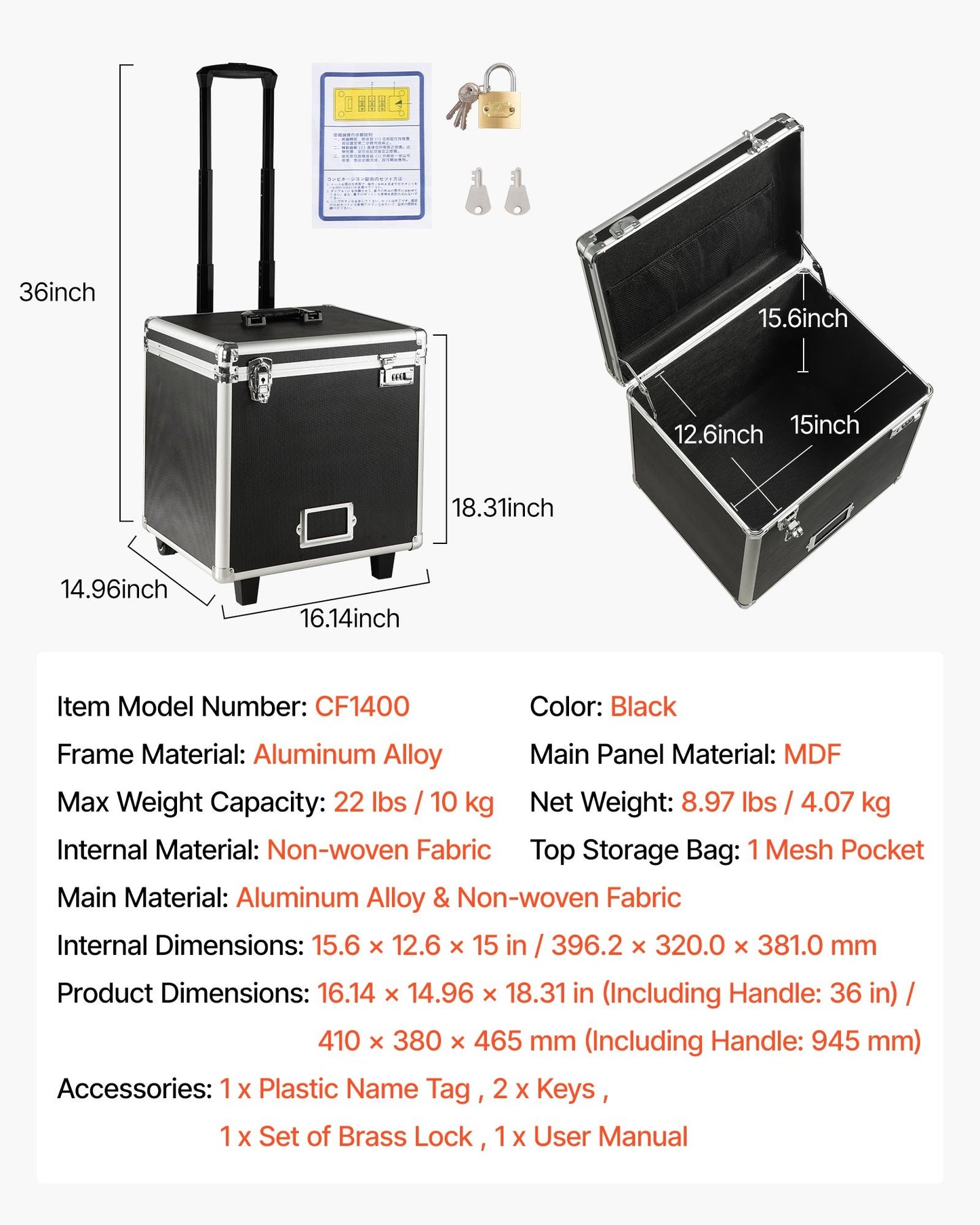 Portable File Storage Box, 15.6 x 12.6 x 15 inch Internal Chest Size, Locking Mobile Business Case with Telescopic Handle, Hand pull File Case for Office Home, Offices, Hospitals, Banks
