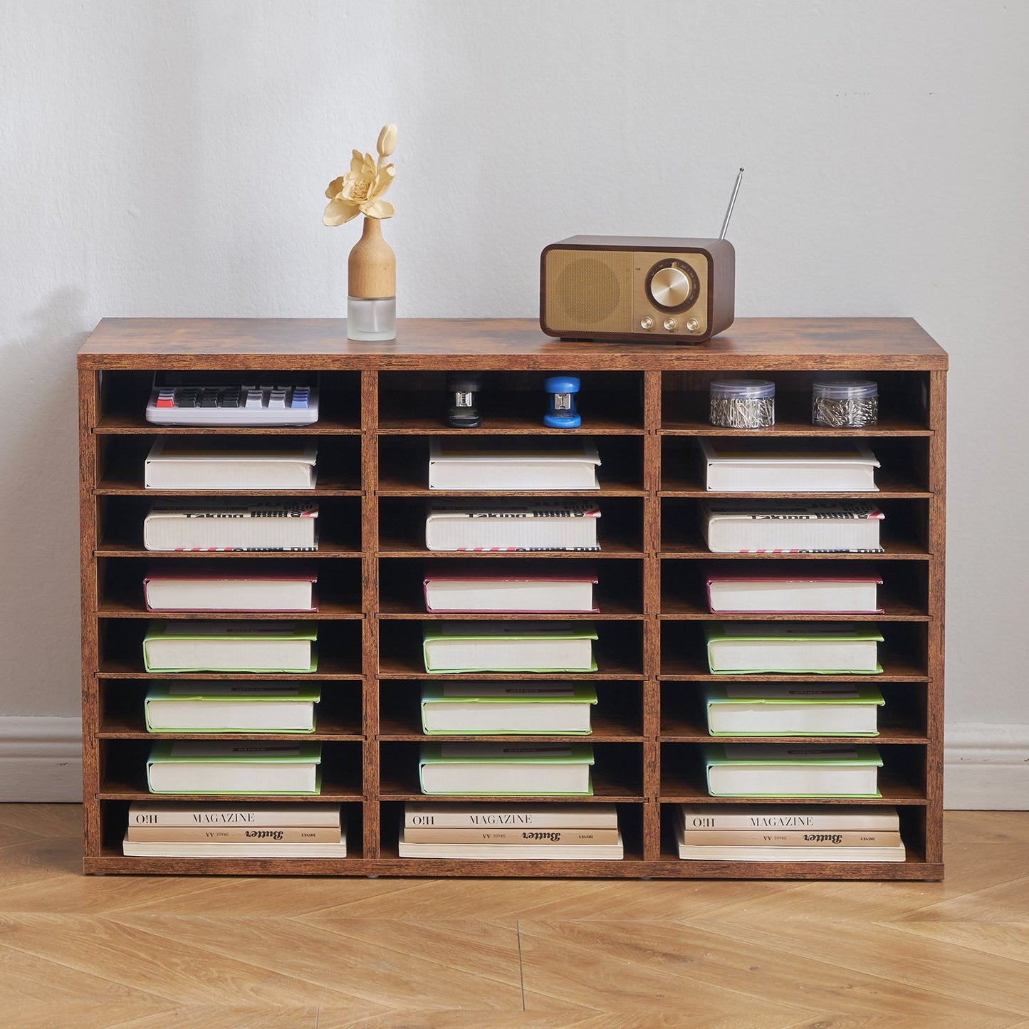 Literature Organizer, 24 Compartments Office Mailbox with Removable Shelves, Wooden Mailbox Sorter Particle Board Office Home Classroom Storage, File Sorter for Documents, Papers, Dark Brown