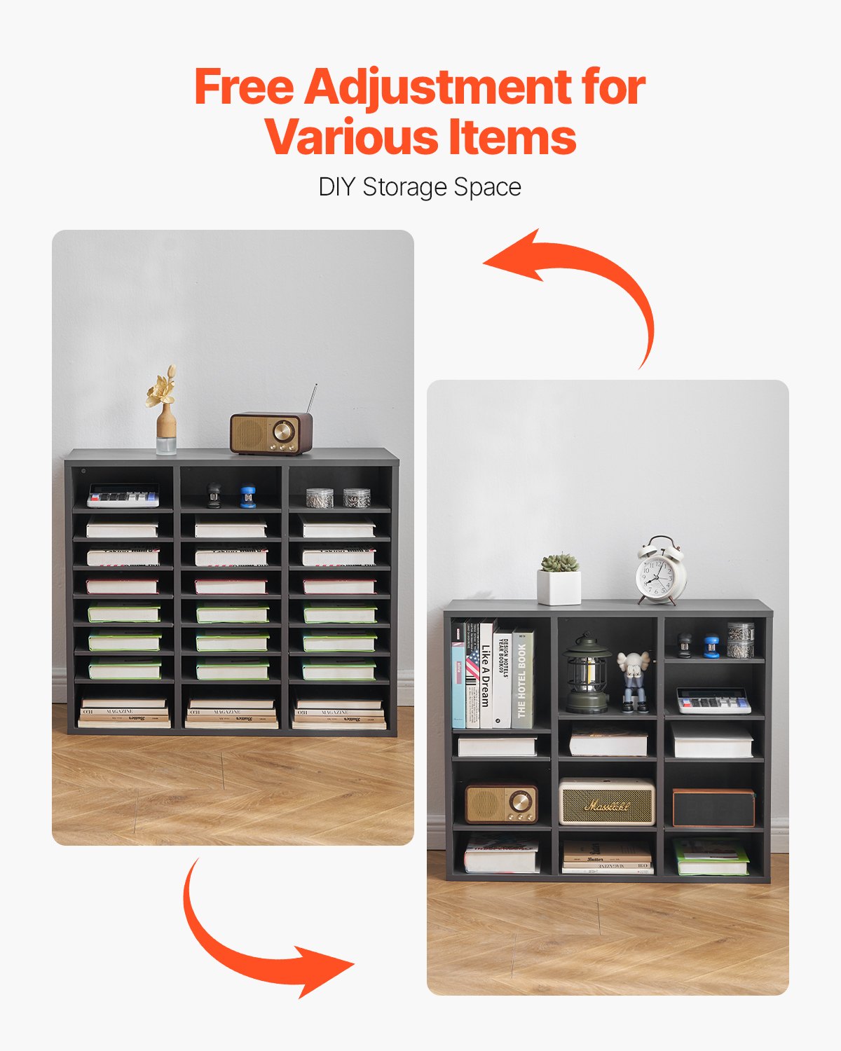 Literature Organizer, 24 Compartments Office Mailbox with Adjustable Shelves, Wooden Mailbox Sorter Medium Density Fiberboard Office Home Classroom Storage for Files, Documents, Papers, Grey