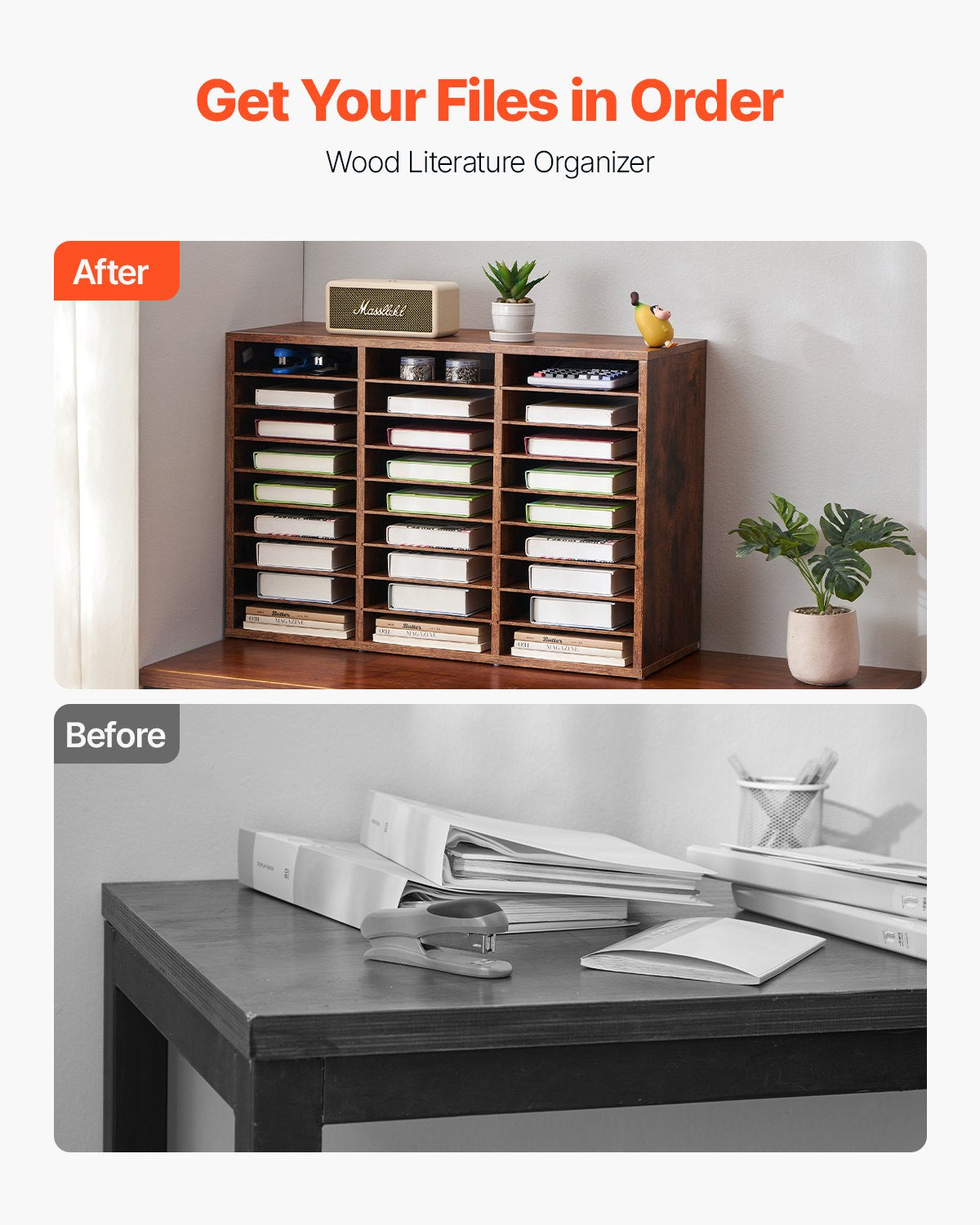 Literatur-Organizer aus Holz, 27 Fächer, herausnehmbare Regale, Dunkelbraun