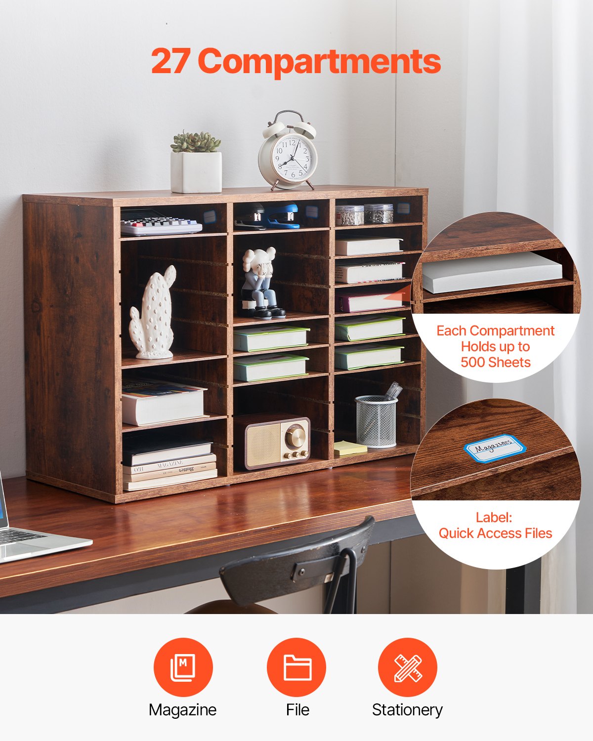 Literatur-Organizer aus Holz, 27 Fächer, herausnehmbare Regale, Dunkelbraun