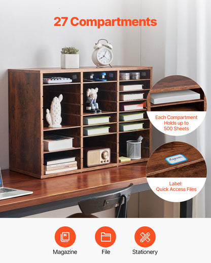 Literatur-Organizer aus Holz, 27 Fächer, herausnehmbare Regale, Dunkelbraun