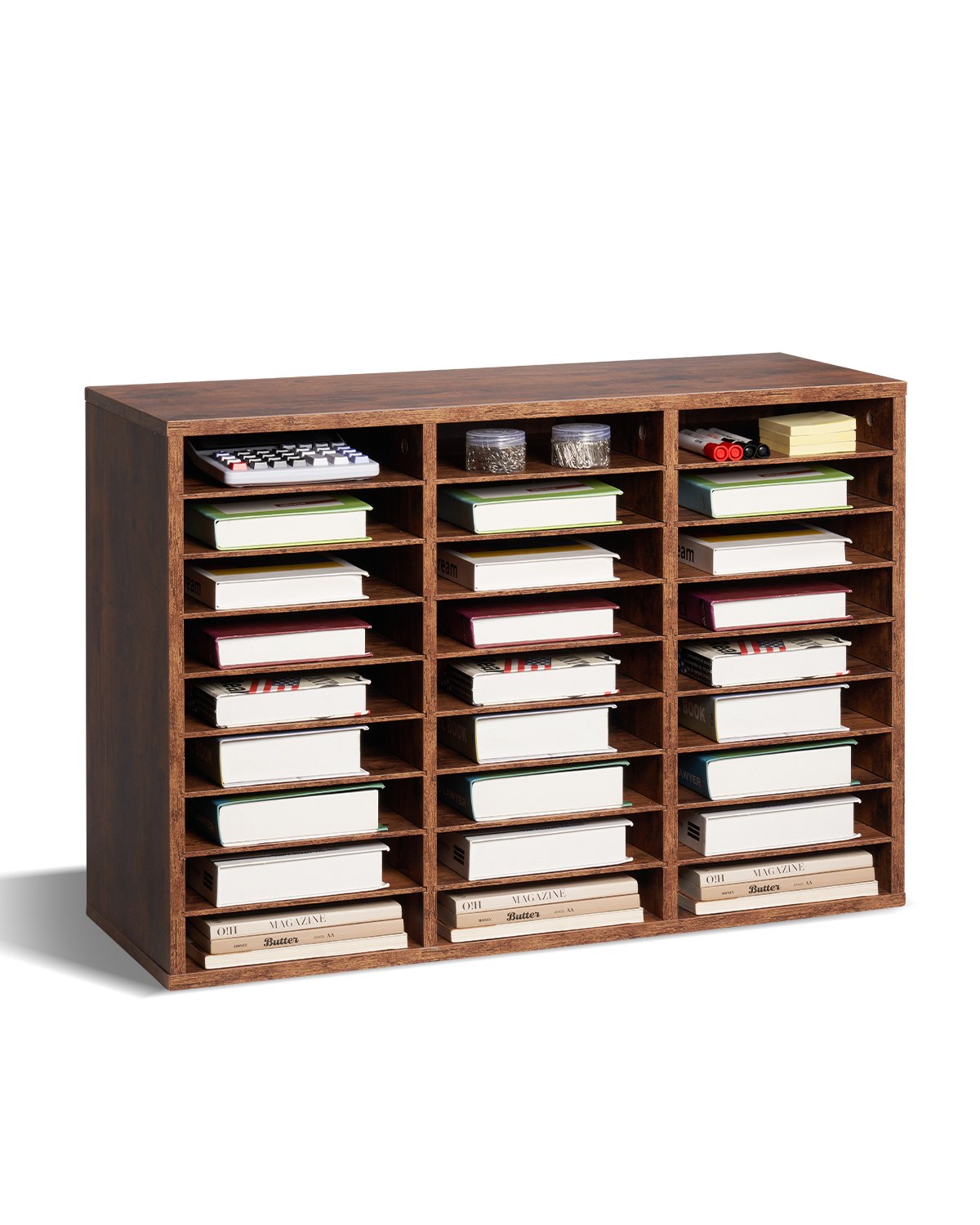 Literatur-Organizer aus Holz, 27 Fächer, herausnehmbare Regale, Dunkelbraun
