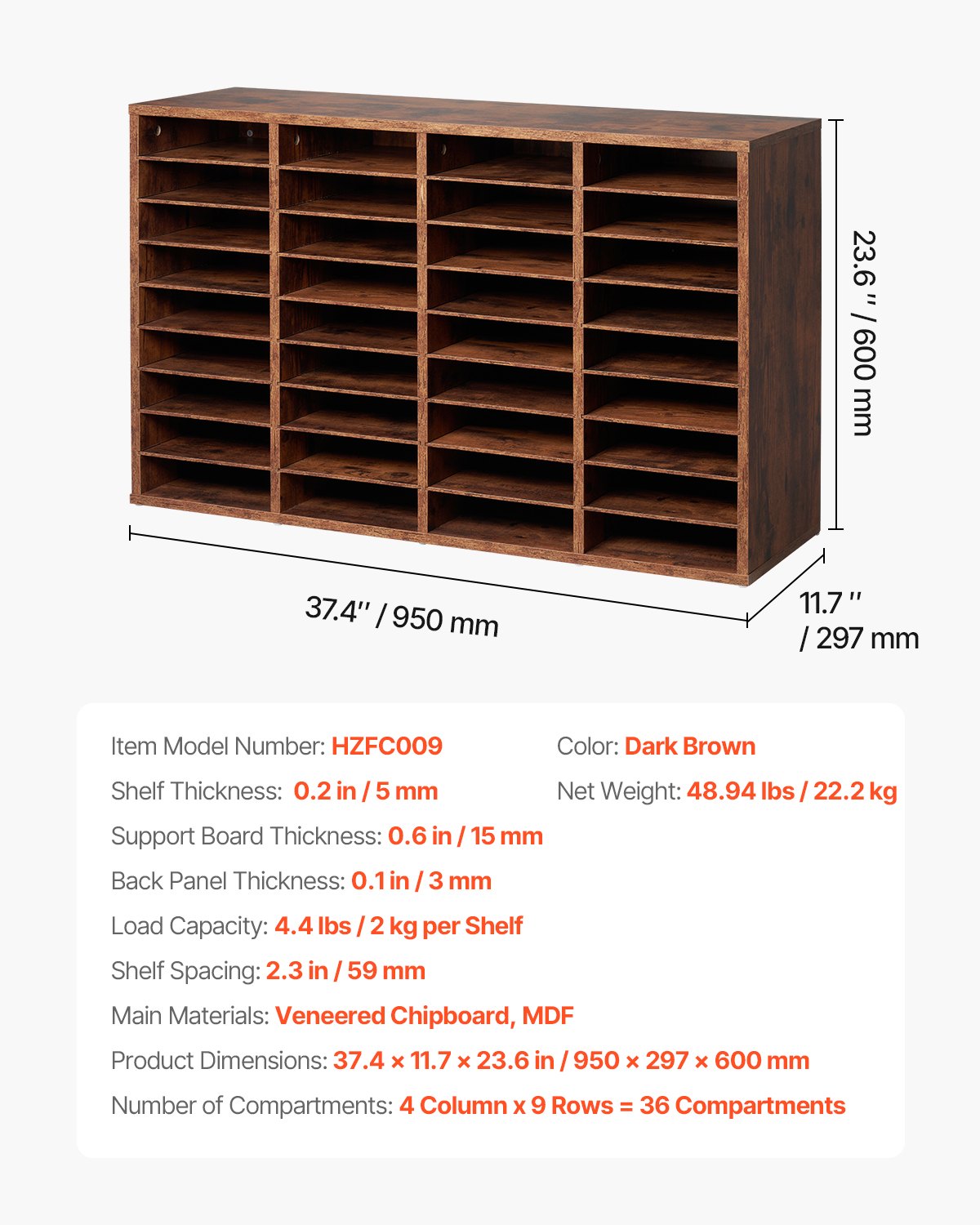 Literature Organizer, 36 Compartments Office Mailbox with Removable Shelves, Wood Mailbox Sorter Particle Board Office Home Classroom Storage, File Sorter for File, Document, Paper, Dark Brown