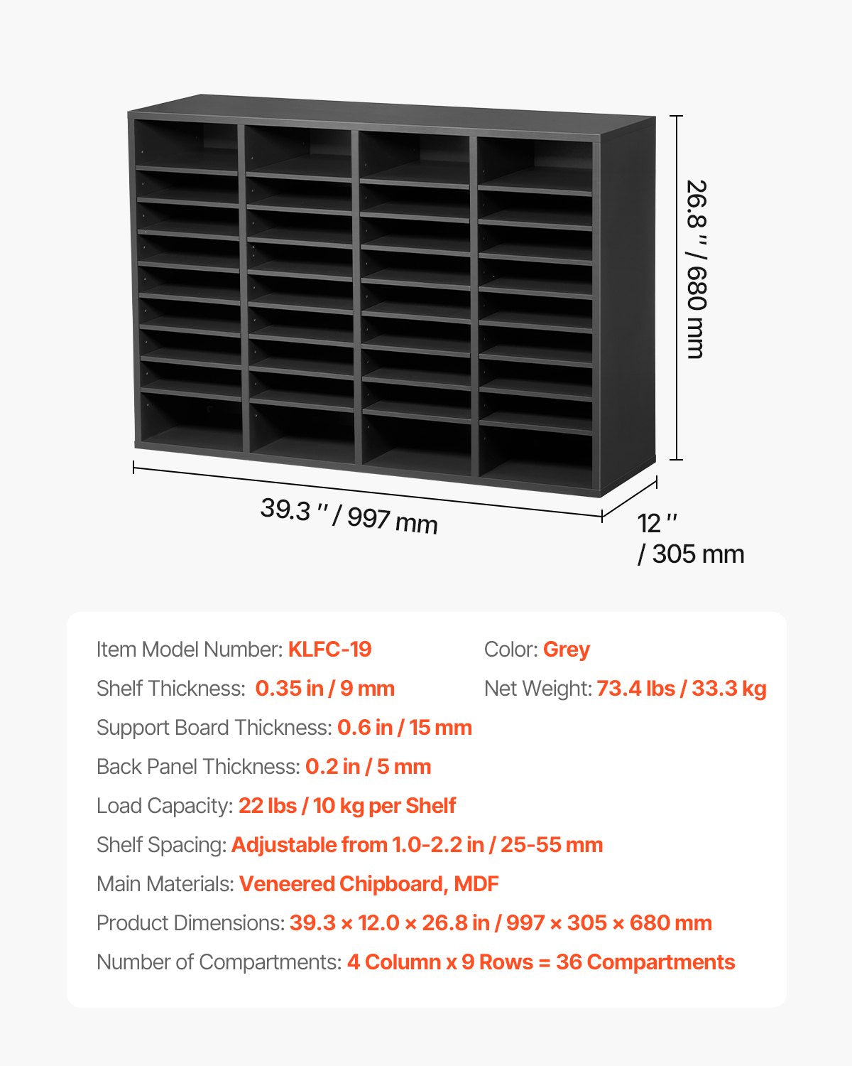 Literature Organizer, 36 Compartments Office Mailbox with Adjustable Shelves, Wooden Mailbox Sorter Medium Density Fiberboard Office Home Classroom Storage for Files, Documents, Papers, Grey