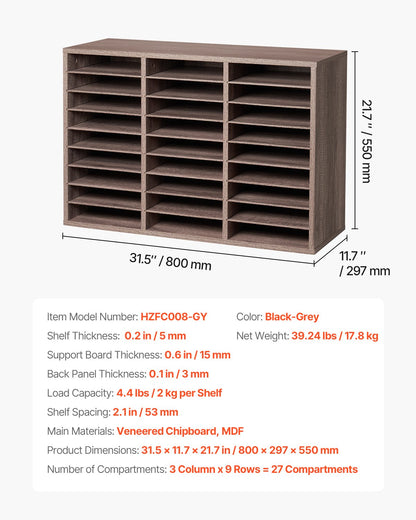 Trälitteraturorganisatör 27 fack Avtagbara hyllor Svart-grå