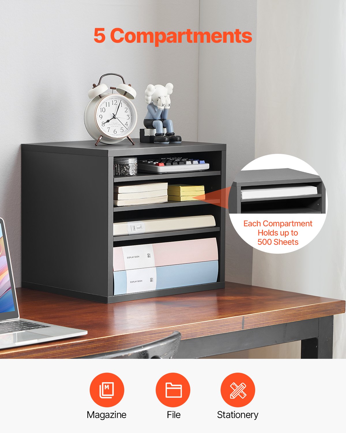 Literature Organizer, 5 Compartments Office Mailbox with Adjustable Shelves, Wooden Mailbox Sorter Medium Density Fiberboard Office Home Classroom Storage for Files, Documents, Papers, Grey