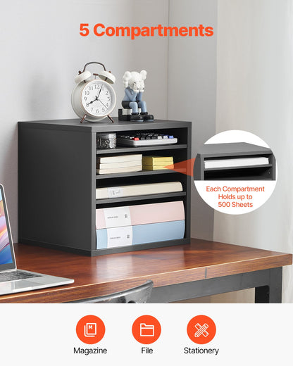 Literature Organizer, 5 Compartments Office Mailbox with Adjustable Shelves, Wooden Mailbox Sorter Medium Density Fiberboard Office Home Classroom Storage for Files, Documents, Papers, Grey