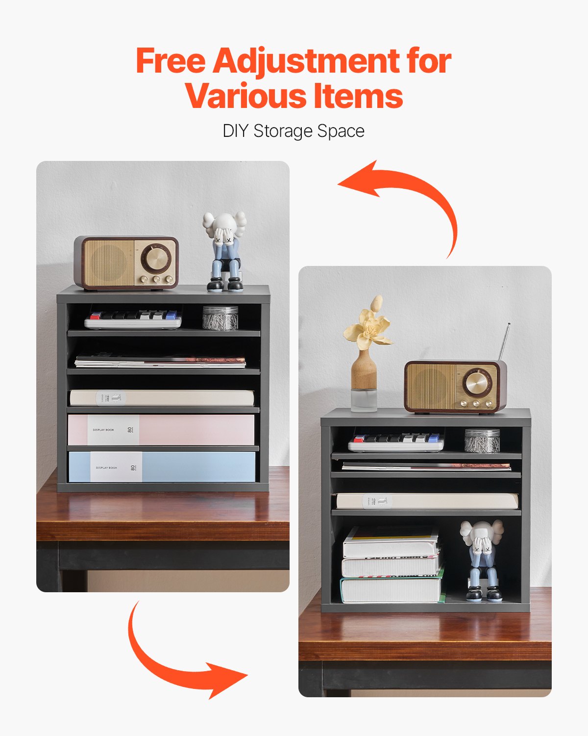 Literature Organizer, 5 Compartments Office Mailbox with Adjustable Shelves, Wooden Mailbox Sorter Medium Density Fiberboard Office Home Classroom Storage for Files, Documents, Papers, Grey