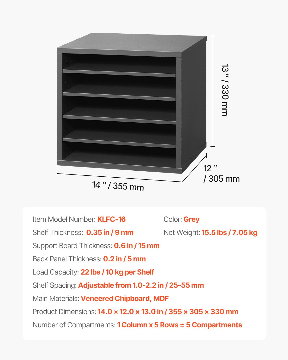 Literature Organizer, 5 Compartments Office Mailbox with Adjustable Shelves, Wooden Mailbox Sorter Medium Density Fiberboard Office Home Classroom Storage for Files, Documents, Papers, Grey