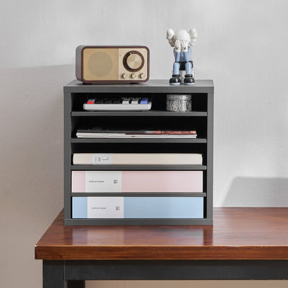 Literature Organizer, 5 Compartments Office Mailbox with Adjustable Shelves, Wooden Mailbox Sorter Medium Density Fiberboard Office Home Classroom Storage for Files, Documents, Papers, Grey