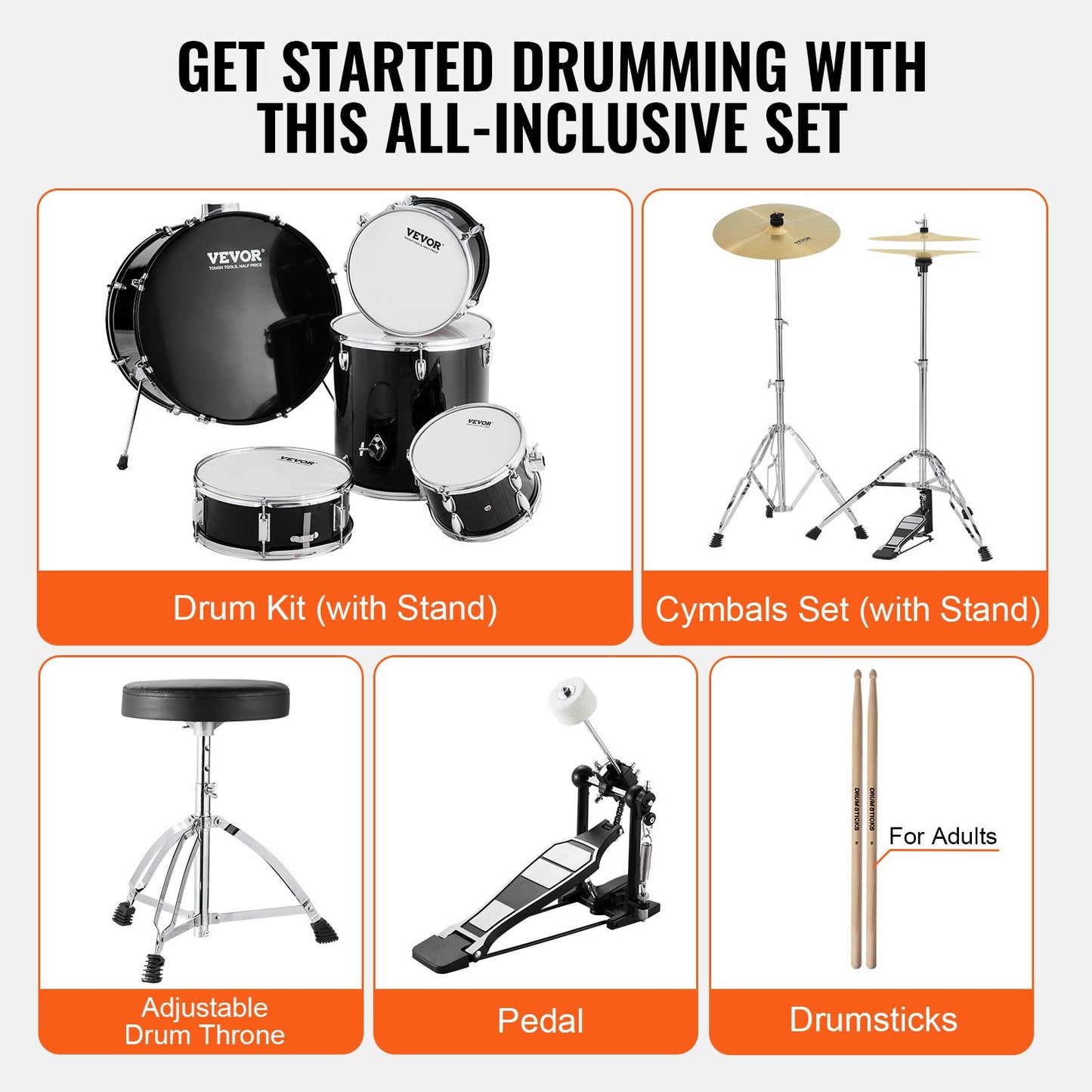 Adult Drum Set 5-Piece 22 in Complete Full Size Drum Set with Throne Stand