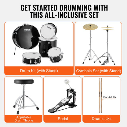 Adult Drum Set 5-Piece 22 in Complete Full Size Drum Set with Throne Stand