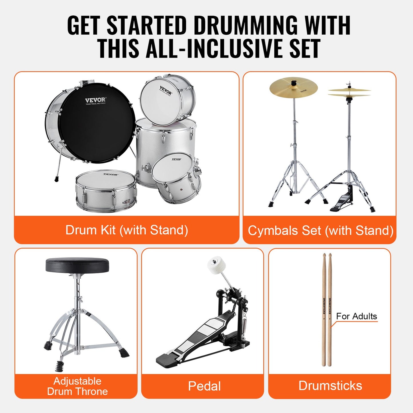 Adult Drum Set 5-Piece 22 in Complete Full Size Drum Set with Throne Stand