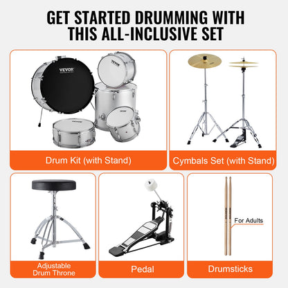 Adult Drum Set 5-Piece 22 in Complete Full Size Drum Set with Throne Stand