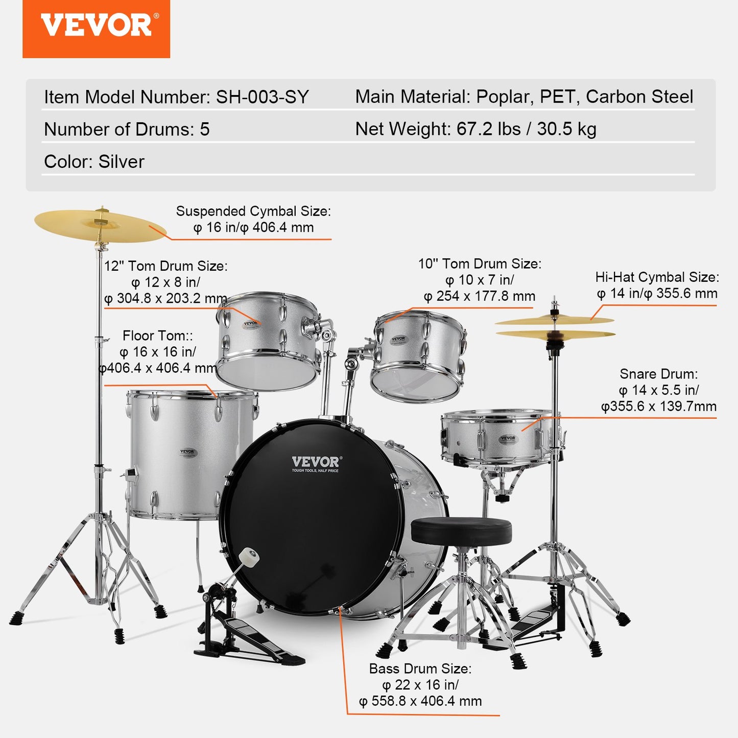 Adult Drum Set 5-Piece 22 in Complete Full Size Drum Set with Throne Stand