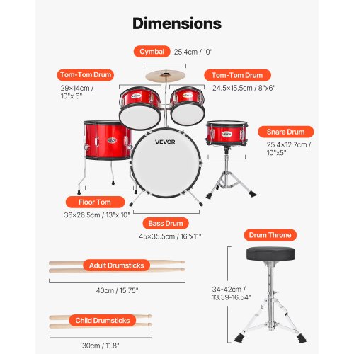 Barntrumset 5-delars Junior Musikaltrumset med 16-tums bastrumma (röd)