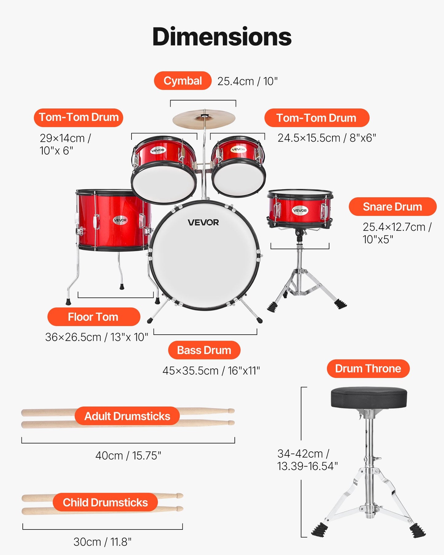 Kids Drum Set, 5-Piece 16 in Junior Drum Sets, Beginner Drums Set with Adjustable Throne, Cymbal & Two Pairs of Drumsticks, Musical Learning Drums Instruments Kit, for Children Ages 6-13 (Red)