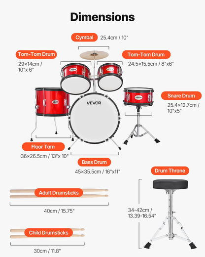 Kids Drum Set, 5-Piece 16 in Junior Drum Sets, Beginner Drums Set with Adjustable Throne, Cymbal & Two Pairs of Drumsticks, Musical Learning Drums Instruments Kit, for Children Ages 6-13 (Red)
