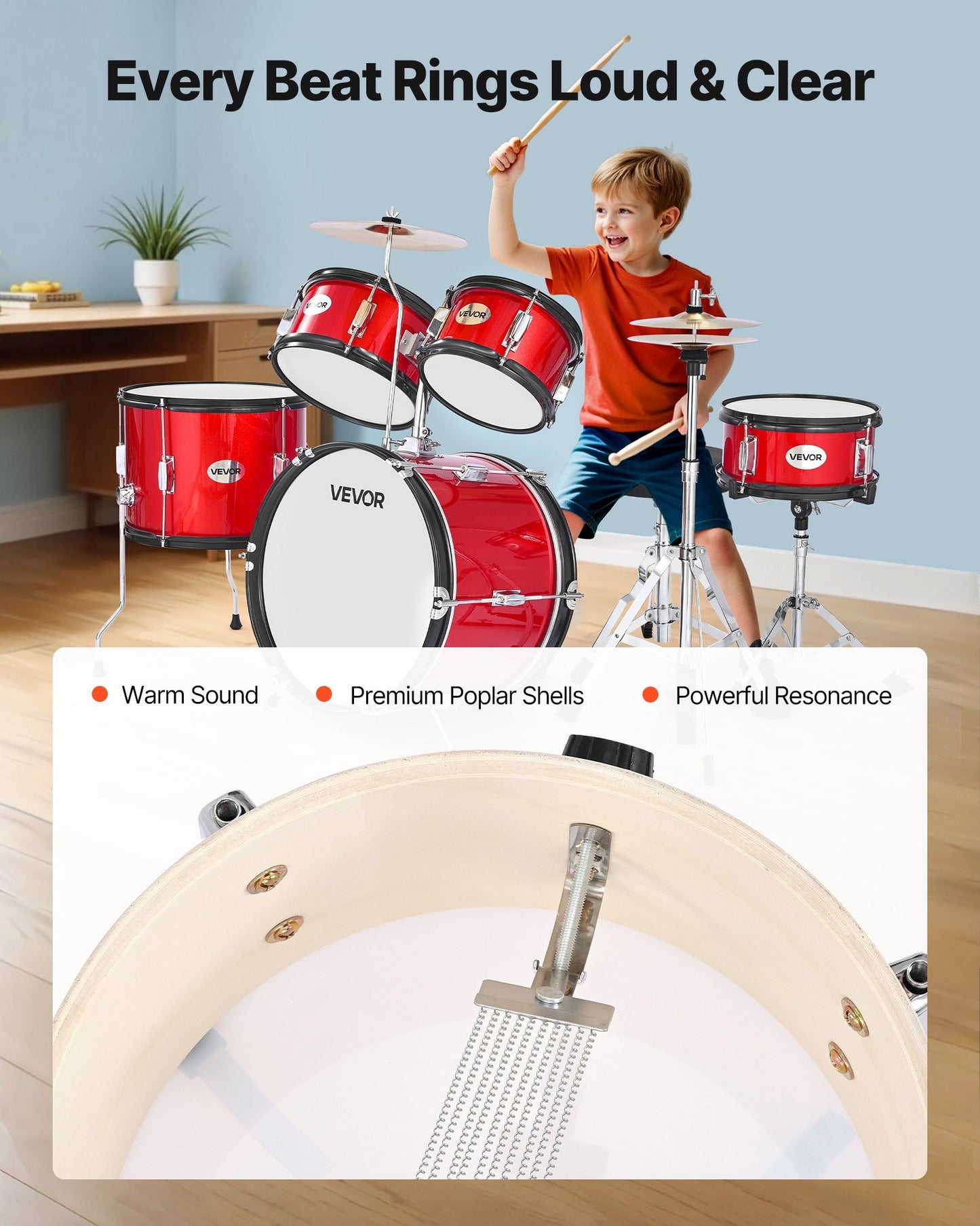 Kids Drum Set, 5-Piece 16 in Junior Drum Sets, Beginner Drums Set with Adjustable Throne, Cymbal & Two Pairs of Drumsticks, Musical Learning Drums Instruments Kit, for Children Ages 6-13 (Red)