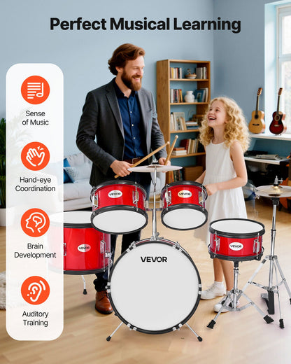 Kids Drum Set, 5-Piece 16 in Junior Drum Sets, Beginner Drums Set with Adjustable Throne, Cymbal & Two Pairs of Drumsticks, Musical Learning Drums Instruments Kit, for Children Ages 6-13 (Red)