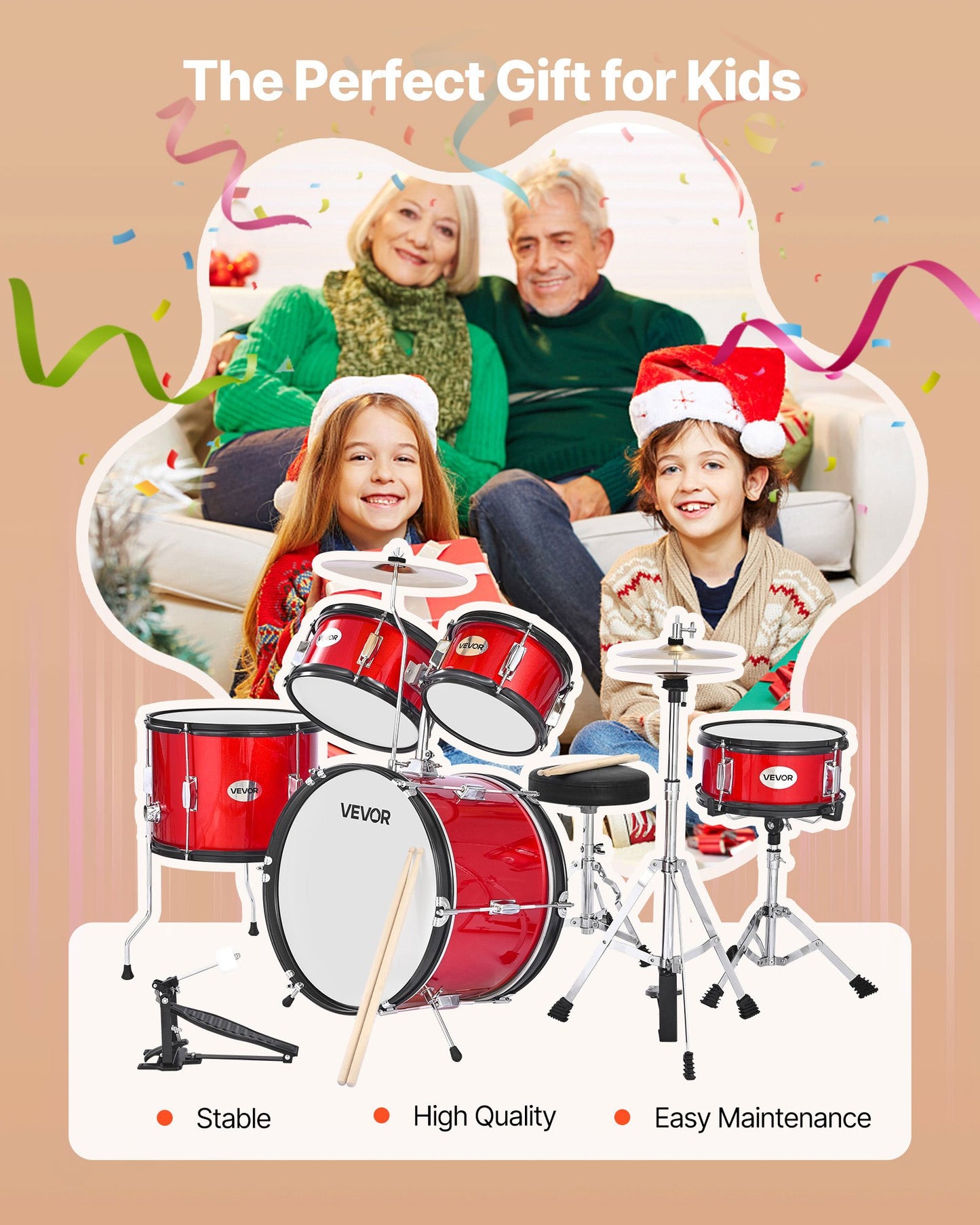 Kids Drum Set, 5-Piece 16 in Junior Drum Sets, Beginner Drums Set with Adjustable Throne, Cymbal & Two Pairs of Drumsticks, Musical Learning Drums Instruments Kit, for Children Ages 6-13 (Red)