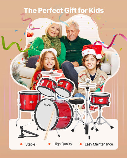 Kids Drum Set, 5-Piece 16 in Junior Drum Sets, Beginner Drums Set with Adjustable Throne, Cymbal & Two Pairs of Drumsticks, Musical Learning Drums Instruments Kit, for Children Ages 6-13 (Red)