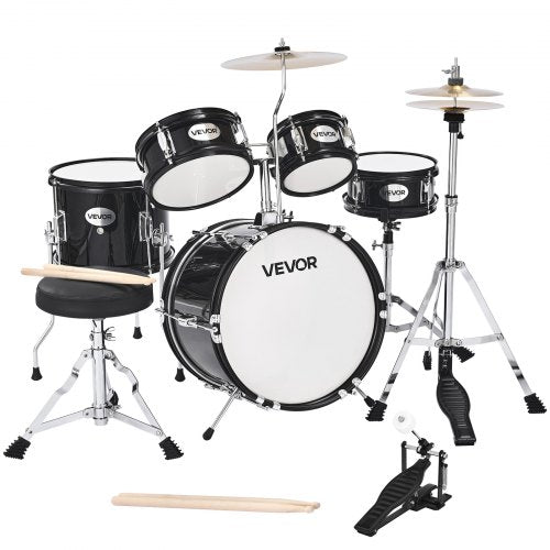 Kids Drum Set, 5-Piece 14 in Junior Drum Sets, Beginner Drums Set with Adjustable Throne, Cymbal & Two Pairs of Drumsticks, Musical Learning Drums Instruments Kit, for Children Ages 6-13(Black)