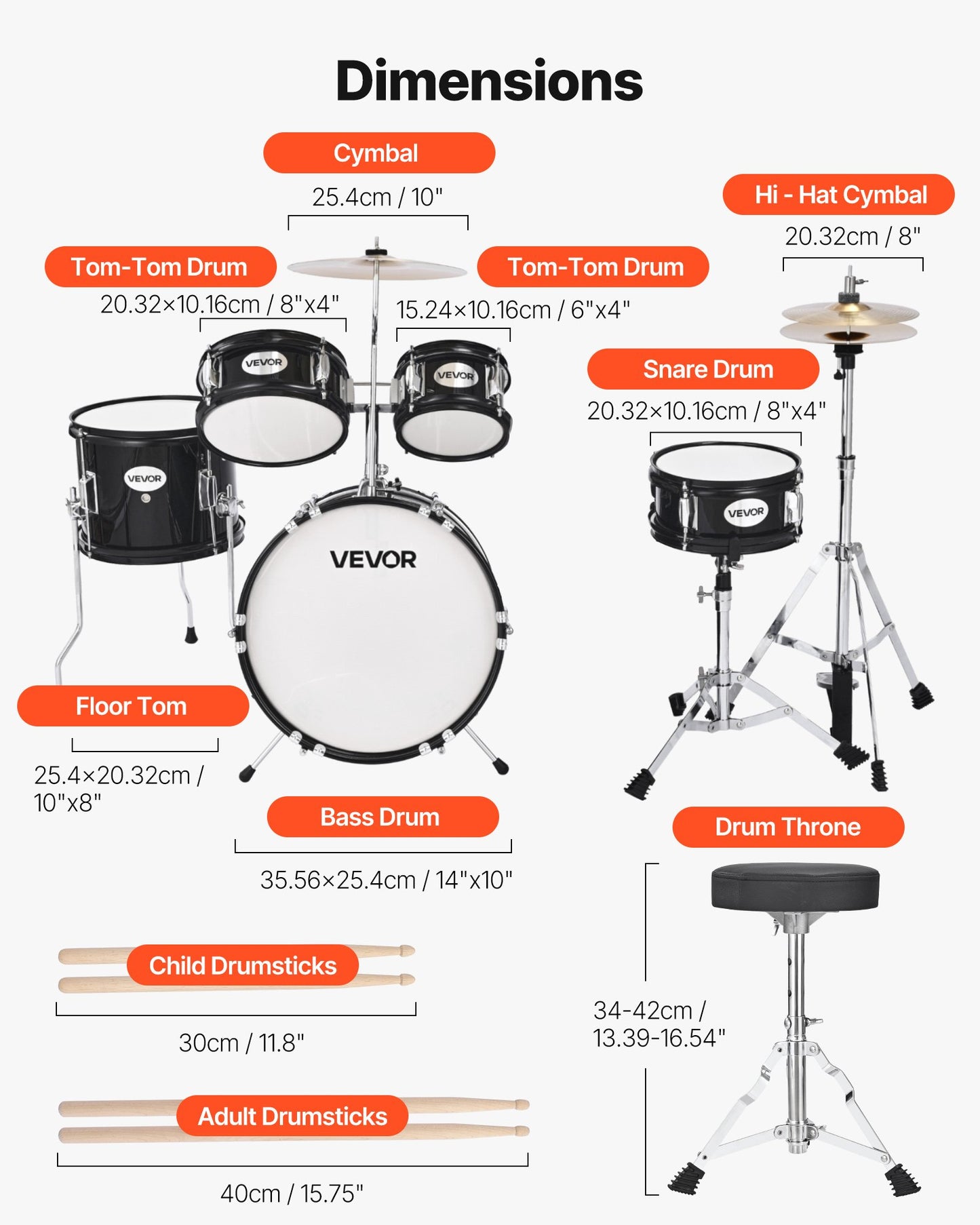 Kids Drum Set, 5-Piece 14 in Junior Drum Sets, Beginner Drums Set with Adjustable Throne, Cymbal & Two Pairs of Drumsticks, Musical Learning Drums Instruments Kit, for Children Ages 6-13(Black)