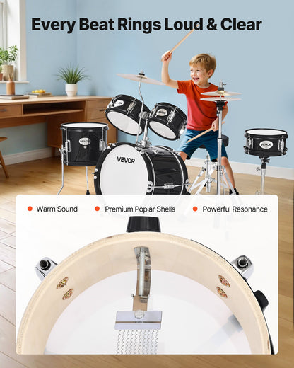 Kids Drum Set, 5-Piece 14 in Junior Drum Sets, Beginner Drums Set with Adjustable Throne, Cymbal & Two Pairs of Drumsticks, Musical Learning Drums Instruments Kit, for Children Ages 6-13(Black)