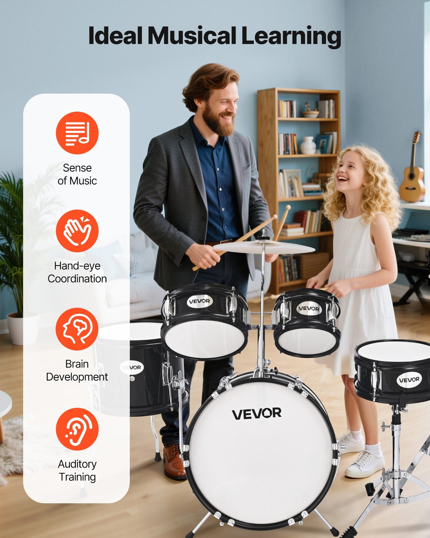 Kids Drum Set, 5-Piece 14 in Junior Drum Sets, Beginner Drums Set with Adjustable Throne, Cymbal & Two Pairs of Drumsticks, Musical Learning Drums Instruments Kit, for Children Ages 6-13(Black)