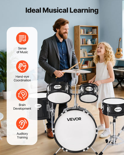 Kids Drum Set, 5-Piece 14 in Junior Drum Sets, Beginner Drums Set with Adjustable Throne, Cymbal & Two Pairs of Drumsticks, Musical Learning Drums Instruments Kit, for Children Ages 6-13(Black)