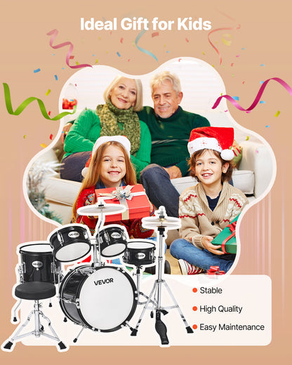 Kids Drum Set, 5-Piece 14 in Junior Drum Sets, Beginner Drums Set with Adjustable Throne, Cymbal & Two Pairs of Drumsticks, Musical Learning Drums Instruments Kit, for Children Ages 6-13(Black)