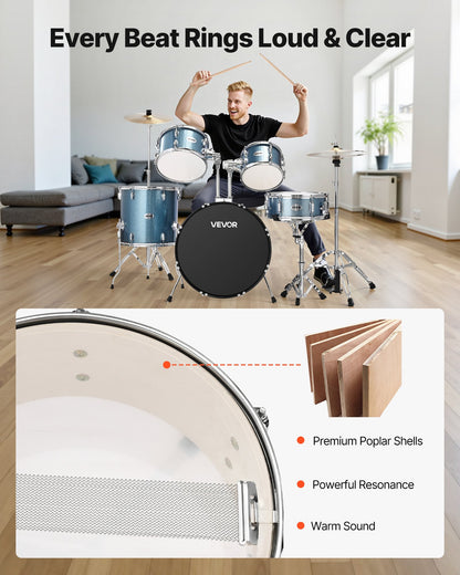 Drum Set, 5-Piece 22 in Junior Drum Sets, Beginner Drums Set with Adjustable Throne, Cymbal, and Drumsticks, Musical Learning Drums Instrument Kit, for Beginner, Teens & Student (Gravel Blue)
