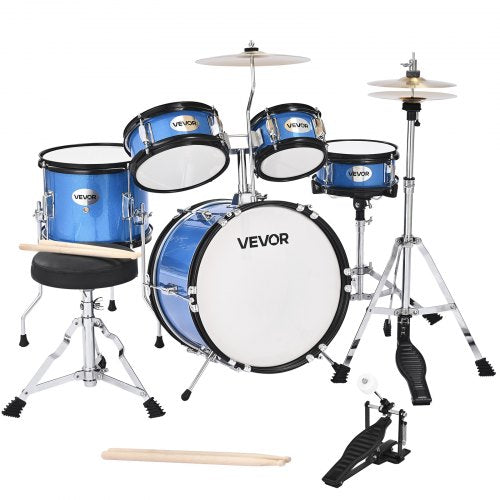Kids Drum Set, 5-Piece 14 in Junior Drum Sets, Beginner Drums Set with Adjustable Throne, Cymbal & Two Pairs of Drumsticks, Musical Learning Drums Instruments Kit, for Children Ages 6-13 (Blue)