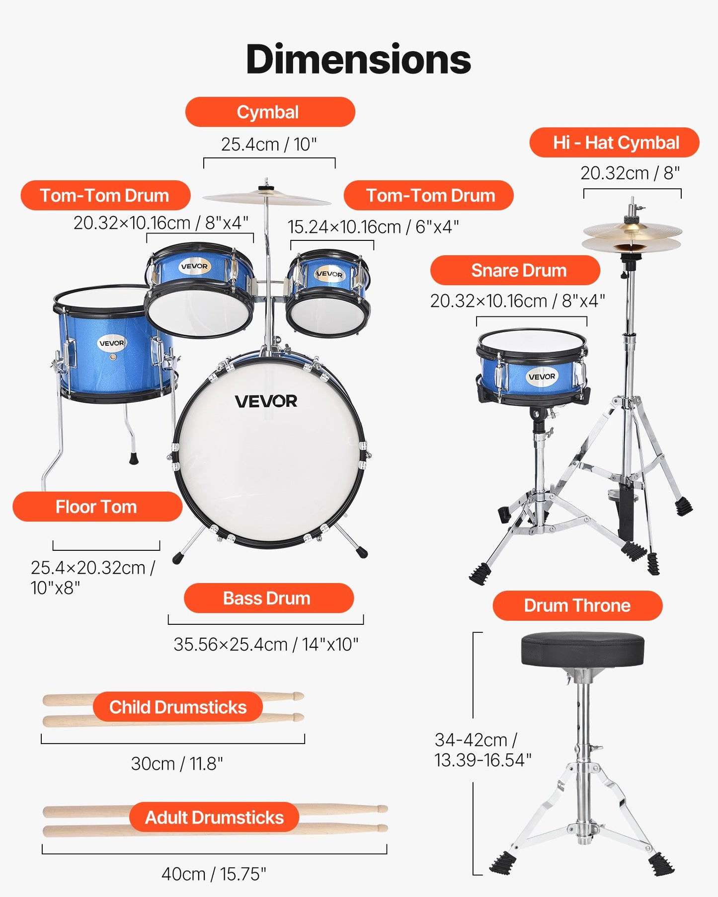 Kids Drum Set, 5-Piece 14 in Junior Drum Sets, Beginner Drums Set with Adjustable Throne, Cymbal & Two Pairs of Drumsticks, Musical Learning Drums Instruments Kit, for Children Ages 6-13 (Blue)