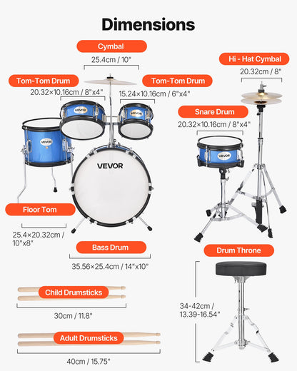 Kids Drum Set, 5-Piece 14 in Junior Drum Sets, Beginner Drums Set with Adjustable Throne, Cymbal & Two Pairs of Drumsticks, Musical Learning Drums Instruments Kit, for Children Ages 6-13 (Blue)