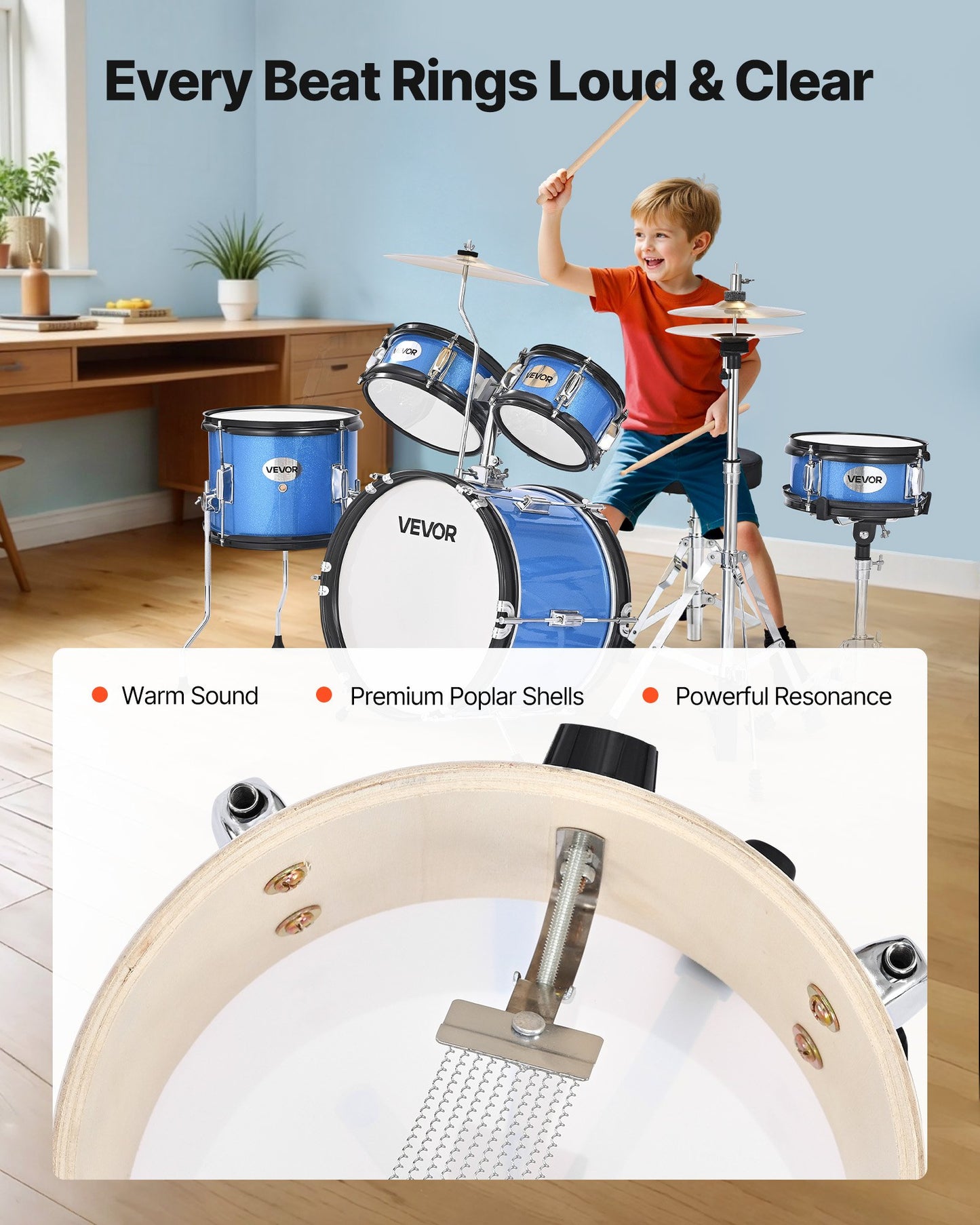 Kids Drum Set, 5-Piece 14 in Junior Drum Sets, Beginner Drums Set with Adjustable Throne, Cymbal & Two Pairs of Drumsticks, Musical Learning Drums Instruments Kit, for Children Ages 6-13 (Blue)