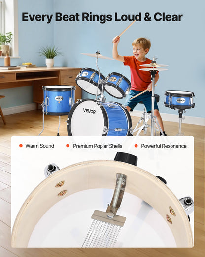 Kids Drum Set, 5-Piece 14 in Junior Drum Sets, Beginner Drums Set with Adjustable Throne, Cymbal & Two Pairs of Drumsticks, Musical Learning Drums Instruments Kit, for Children Ages 6-13 (Blue)