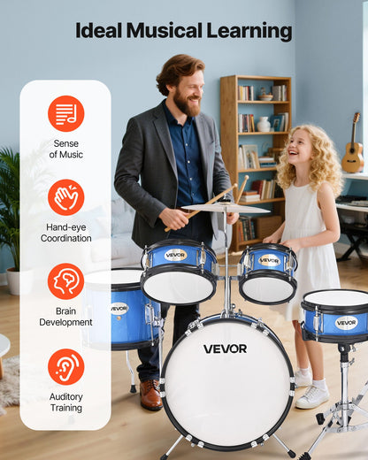 Kids Drum Set, 5-Piece 14 in Junior Drum Sets, Beginner Drums Set with Adjustable Throne, Cymbal & Two Pairs of Drumsticks, Musical Learning Drums Instruments Kit, for Children Ages 6-13 (Blue)