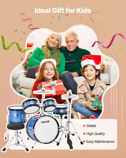 Kids Drum Set, 5-Piece 14 in Junior Drum Sets, Beginner Drums Set with Adjustable Throne, Cymbal & Two Pairs of Drumsticks, Musical Learning Drums Instruments Kit, for Children Ages 6-13 (Blue)