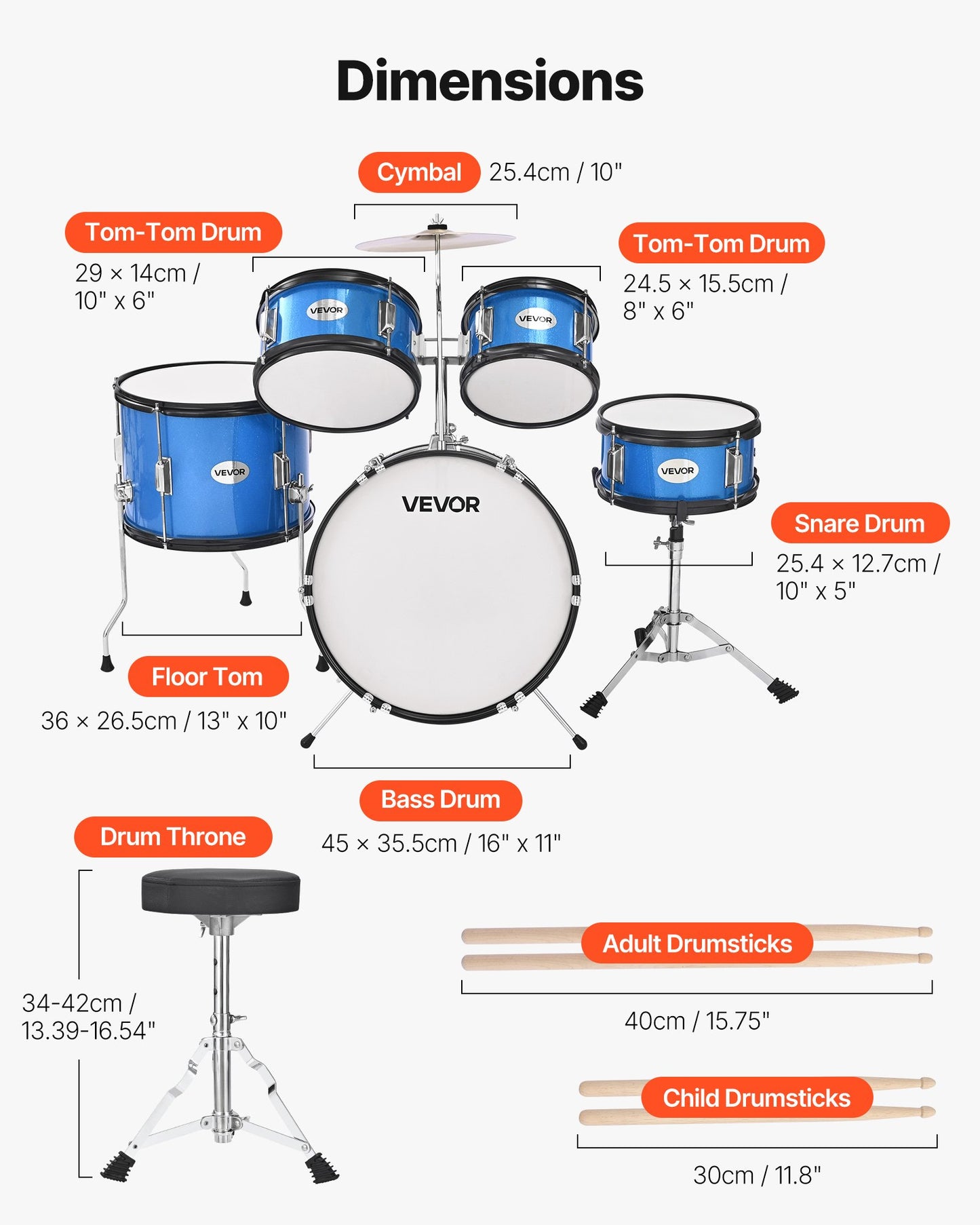 Kids Drum Set, 5-Piece 16 in Junior Drum Sets, Beginner Drums Set with Adjustable Throne, Cymbal & Two Pairs of Drumsticks, Musical Learning Drums Instruments Kit, for Children Ages 6-13 (Blue)