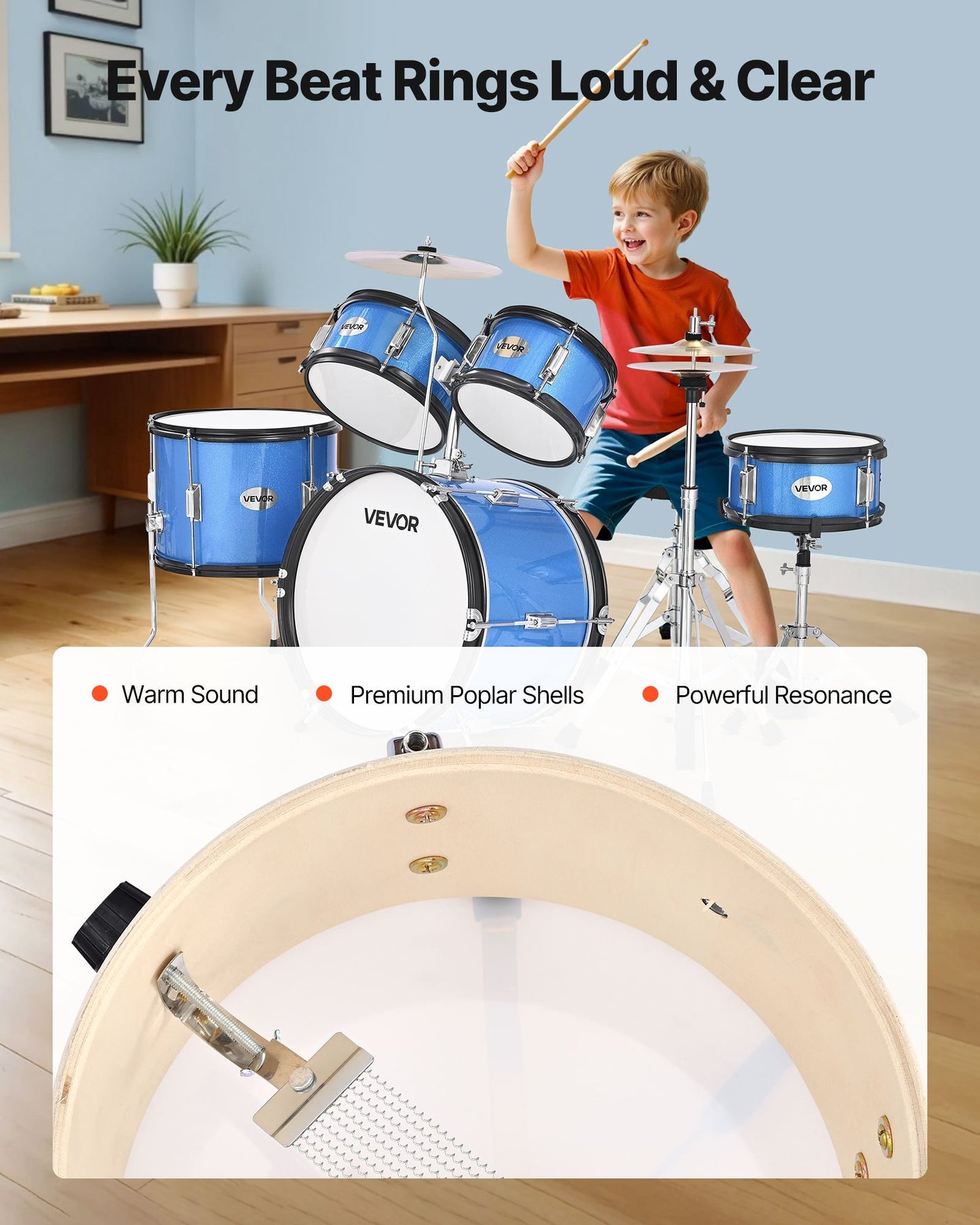 Kids Drum Set, 5-Piece 16 in Junior Drum Sets, Beginner Drums Set with Adjustable Throne, Cymbal & Two Pairs of Drumsticks, Musical Learning Drums Instruments Kit, for Children Ages 6-13 (Blue)