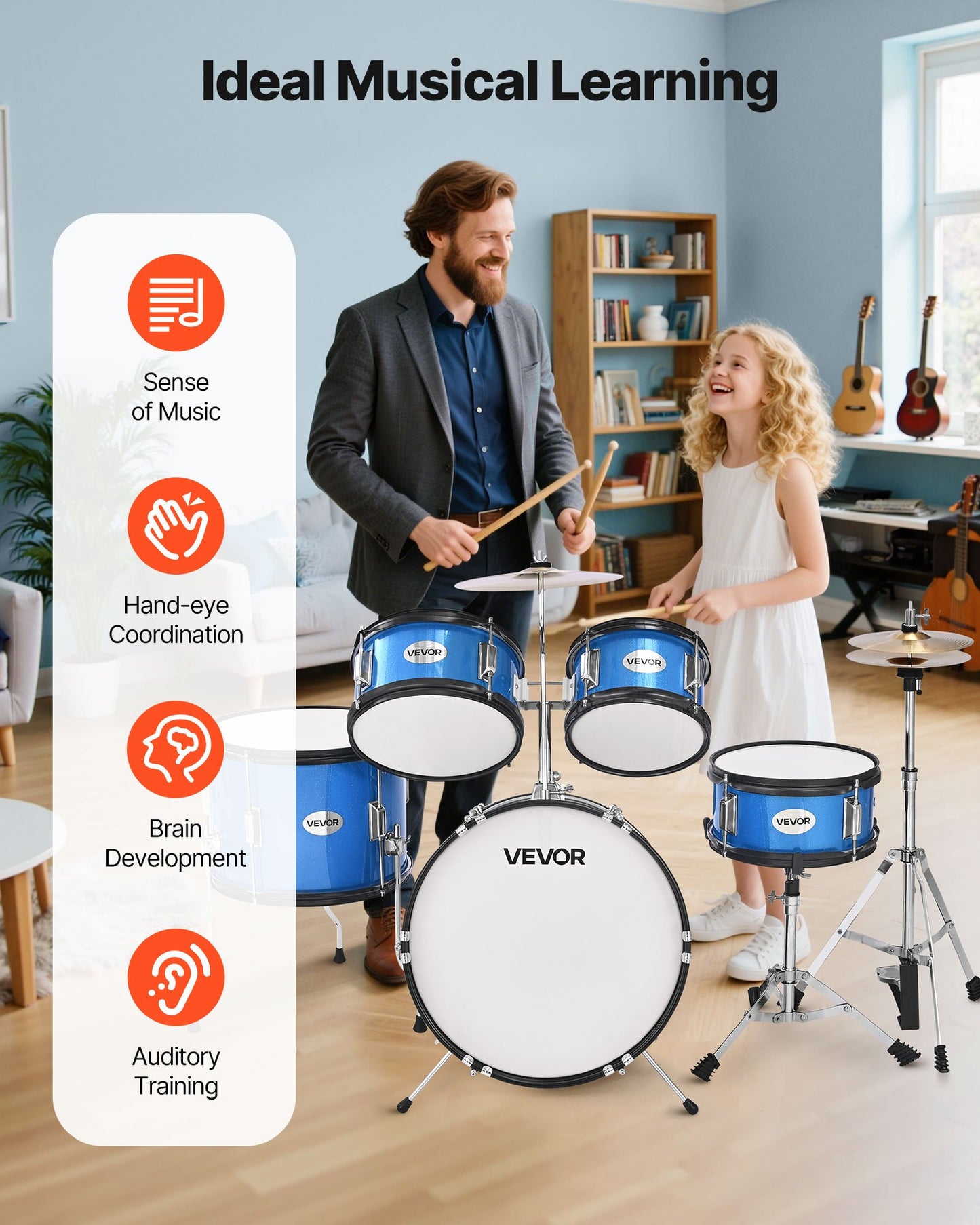 Kids Drum Set, 5-Piece 16 in Junior Drum Sets, Beginner Drums Set with Adjustable Throne, Cymbal & Two Pairs of Drumsticks, Musical Learning Drums Instruments Kit, for Children Ages 6-13 (Blue)