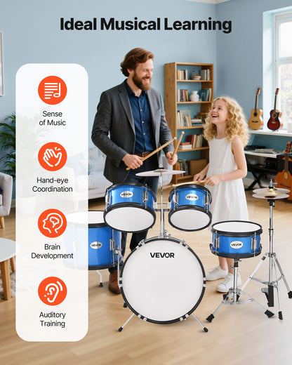Kids Drum Set, 5-Piece 16 in Junior Drum Sets, Beginner Drums Set with Adjustable Throne, Cymbal & Two Pairs of Drumsticks, Musical Learning Drums Instruments Kit, for Children Ages 6-13 (Blue)